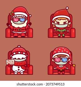 New normal concept wear medical mask in cinema theatre during christmas. Cute santa and friends watching christmas movie 