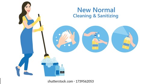 New normal concept, woman holding map cleaning,  hand washing, hands using alcohol gel  and hand spraying 75% alcohol spray vector illustration. COVID-19 coronavirus prevention concept