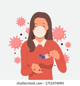 New normal concept. Woman wear masks and using alcohol antiseptic gel to clean hands and prevent corona virus. Vector illustration flat style isolated on white background