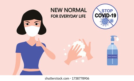 New normal concept woman wearing face mask, washing hands and using hand sanitizer to protect from COVID-19 coronavirus disease outbreak vector illustration. New normal for everyday life concept
