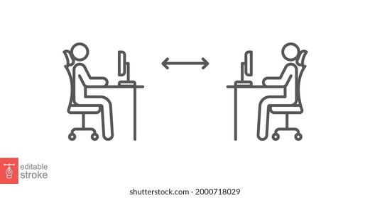 New Normal Concept In Work Office Desk Icon. Two People Working, Sit At Their Desk With A Computer. Keep Social Distance In Work Place In Covid19 Pandemic. Editable Stroke Vector Illustration. EPS 10