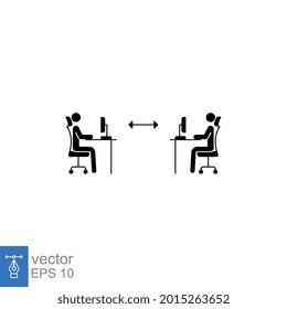 New Normal Concept In Work Office Desk Icon. Two People Working, Sit At Their Desk With A Computer. Keep Social Distance In Work Place In Covid19 Pandemic. Glyph Style. Vector Illustration. EPS 10