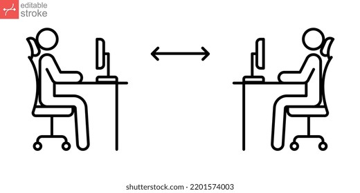 New normal concept in work office desk icon. Two people working, sit at their desk with a computer. Keep social distance in work place in covid19 pandemic. Editable stroke vector illustration. EPS 10
