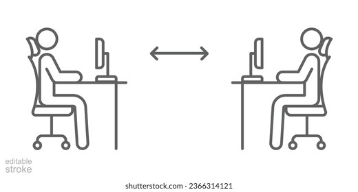 Nuevo concepto normal en el icono de escritorio de la oficina de trabajo. Dos personas trabajando, siéntate en su escritorio con un ordenador. Mantener la distancia social en el lugar de trabajo en la pandemia de covid19. Ilustración del vector de trazo editable. EPS 10