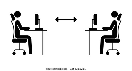 New normal concept in work office desk icon. Two people working, sit at their desk with a computer. Keep social distance in work place in covid19 pandemic. Glyph style. vector illustration. EPS 10