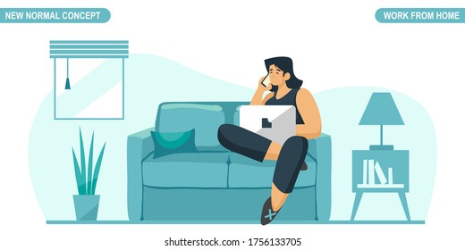 New normal concept. Young woman working or study at home. Self-quarantine to prevent from coronavirus COVID -19. Freelancer lifestyle. Home schooling. Scalable and editable vector illustration.