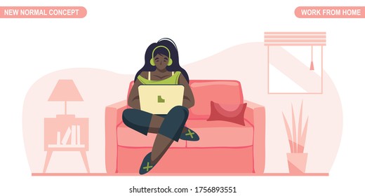 New normal concept. Young woman working or study at home. Self-quarantine to prevent from coronavirus COVID -19. Freelancer lifestyle. Home schooling. Scalable and editable vector illustration.