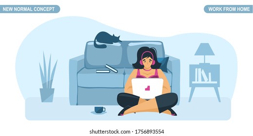 New normal concept. Young woman working or study at home. Self-quarantine to prevent from coronavirus COVID -19. Freelancer lifestyle. Home schooling. Scalable and editable vector illustration.