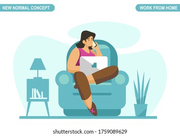 New normal concept. Young woman working or study at home. Self-quarantine to prevent from coronavirus COVID -19. Freelancer lifestyle. Home schooling. Scalable and editable vector illustration.