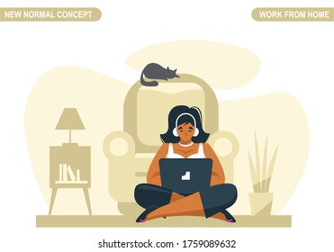 New normal concept. Young woman working or study at home. Self-quarantine to prevent from coronavirus COVID -19. Freelancer lifestyle. Home schooling. Scalable and editable vector illustration.