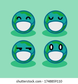 New normal from corona virus vector illustration world smile, sad, and shocked expression emoticon with white mask set pack collection modern and flat style design