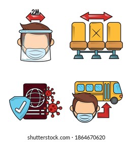 new normal coronavirus covid 19, safe travel wearing mask social distancing icons set vector illustration