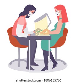 New normal. COVID-19 prevention in nail salon. Manicurist makes manicure for pregnant client during coronavirus pandemic. Safe manicure with medical masks and gloves