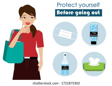 New Normal. COVID-19 prevention and protection. Woman thinking of face mask, hand sanitizer alcohol gel, alcohol spray and wet wipes before going out to protect from COVID-19 corona virus spreading. 