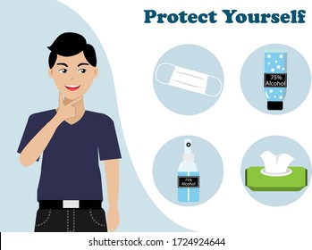 New normal. COVID-19 prevention and protection. Man thinking of face mask, hand sanitizer alcohol gel, alcohol spray and wet wipes before going out to protect from COVID-19 corona virus spreading.