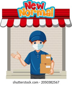 Novo Normal com ilustração de personagem de desenho animado homem de entrega
