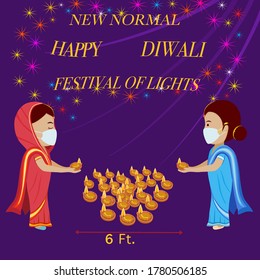 Nueva normalidad para el festival Diwali India, gente que usa mascarillas y mantiene el distanciamiento social a salvo del coronavirus. Ilustración del vector 