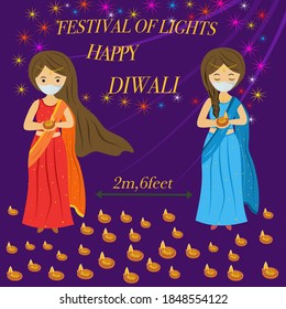 new normal for Diwali Festival India people wearing mask and stay keep social distancing for safe from coronavirus.vector illustration.