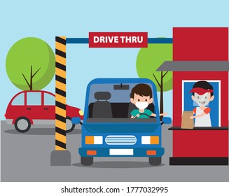 New normal drive thru vector concept: man wearing face mask buying food at the restaurant through the drive thru bar assisted by a man with face shield