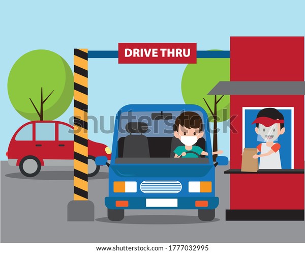 New normal drive thru vector concept: man\
wearing face mask buying food at the restaurant through the drive\
thru bar assisted by a man with face\
shield
