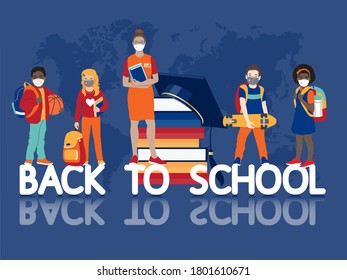 New normal during coronavirus pandemic for schoolchildren all around the world - wearing masks, social distancing at school. Diverse kids, teacher stand with bags, books, back to school vector concept