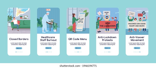 New normal during covid onboarding mobile app screen flat vector template. Virus spread prevention. Walkthrough website steps with characters. UX, UI, GUI smartphone cartoon interface, case prints set