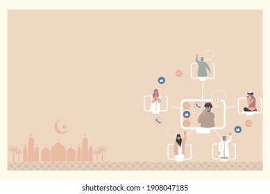 New normal during Covid-19 pandamic.Muslim people greeting or socialing by Internet of things.Social distancing during Ramadan 2021.