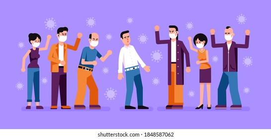 New normal during pandemic. Aggressive people in medical masks against man without mask. Vector illustration.