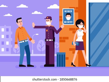 New Normal During A Pandemic. No Mask No Entry Scene. Policeman Stop Man Without Mask. Vector Illustration.