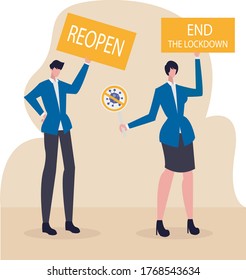 Nuevo concepto vectorial de economía normal: pareja de empresarios protestando para terminar con el bloqueo