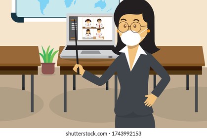 New normal education vector concept: Teacher wearing face mask teaching online with students on laptop