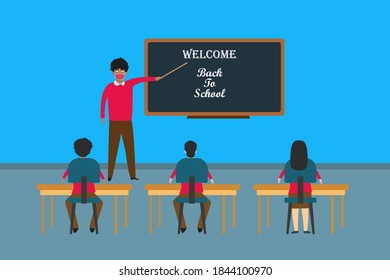 New normal education vector concept: Male teacher teaching students in new normal while wearing face mask