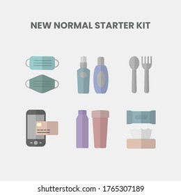 The new normal era just begins. Don't forget to bring the necessary items when you go out. This icon shows some items that you should bring called a new normal starter kit. 