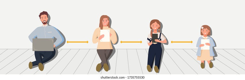 New normal family. Father working from home on laptop. Mother Shopping online. Girl student online learning class. Kid playing game. Cartoon flat style modern vector illustration.