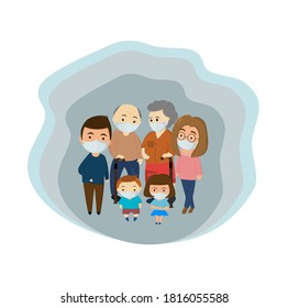 New Normal For Family Should To Wearing Surgical Mask For Safe From Air Pollution And Coronavirus.vector Illustration 