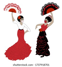 New normal in flamenco dance during coronavirus pandemic. Dancers added medical face masks to traditional costumes.