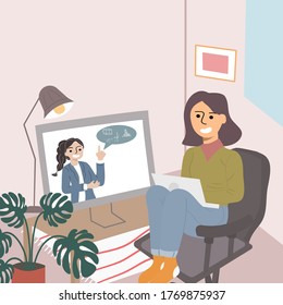 New normal. Flat style vector illustration of cartoon character learning online from home or any where. Woman studying online classes at home stay safe from virus. Student study at computer in room.