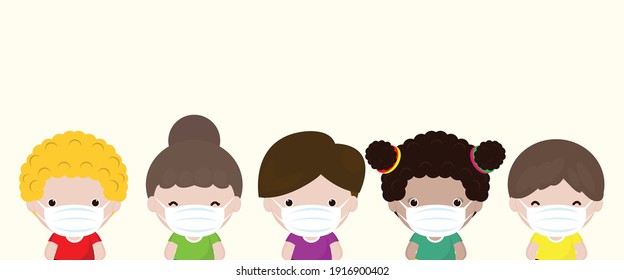 new normal for Group of children wearing medical masks to prevent disease, pm 2.5, flu, contaminated air, world pollution, air pollution,
Kids with protection mask flat vector illustration isolated