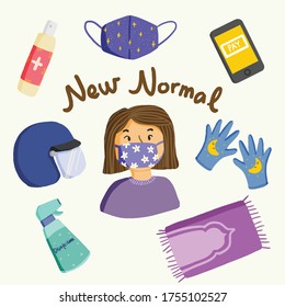 New normal healthy starter set pack collection 3 from virus corona include hand sanitizer, helmet, star mask, mobile pay, woman kid use flower mask, moon glove, disinfectant,  and prayer rug vector.