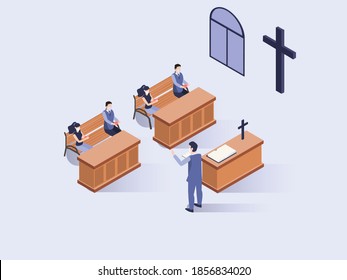 New normal holy mass vector concept: people with social distancing attending holy mass during the corona virus pandemic