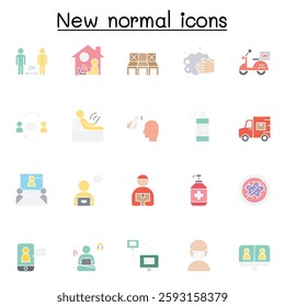 New normal icon set in flat color style