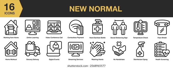 New Normal icon set. Includes new normal, work, lifestyle, people, coronavirus, social distancing, and More. Outline icons vector collection.