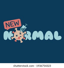 New Normal | Illustration vector graphic cartoon character of virus killed by vaccine. Draw in flat illustration doodle kawaii style.
