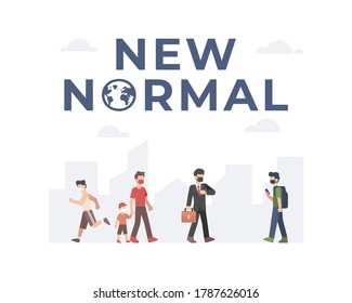 New normal illustration vector with peoples back to work and doing activity while keep practicing safety health protocols by wearing a face mask and doing social distancing with city background