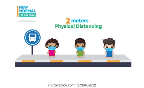 New Normal Infographic at bus stop. physical distancing. chibi cute character.