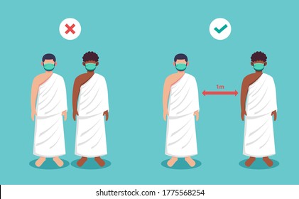 New normal Islamic pilgrimage guide during pandemic covid-19. Flat style vector illustration of muslim characters wearing face mask during pilgrimage and keep social distancing.