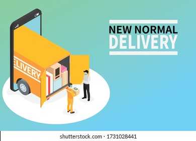 New normal, Isometric delivery service concept, Delivery truck coming out of the smart phone, Wearing protective mask, Courier in Standing and Holding Parcel Box to the receiver.