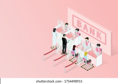 New normal isometric, Signs social distancing queues of people line at the bank counter, people wear face shield and face mask, Installing Plexiglas guards or sneeze guards to combat COVID-19.