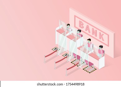 New normal isometric, Signs social distancing queues of people line at the bank counter, people wear face shield and face mask, Installing Plexiglas guards or sneeze guards to combat COVID-19.