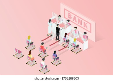 New normal isometric, Signs social distancing queues of people line at the bank counter, people wear face shield and face mask, Installing Plexiglas guards or sneeze guards to combat COVID-19.